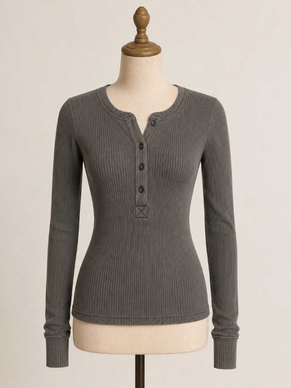 Aerie Y2K Washed Gray Ribbed Henley Long Sleeve Fitted Top - Picture 2 of 4